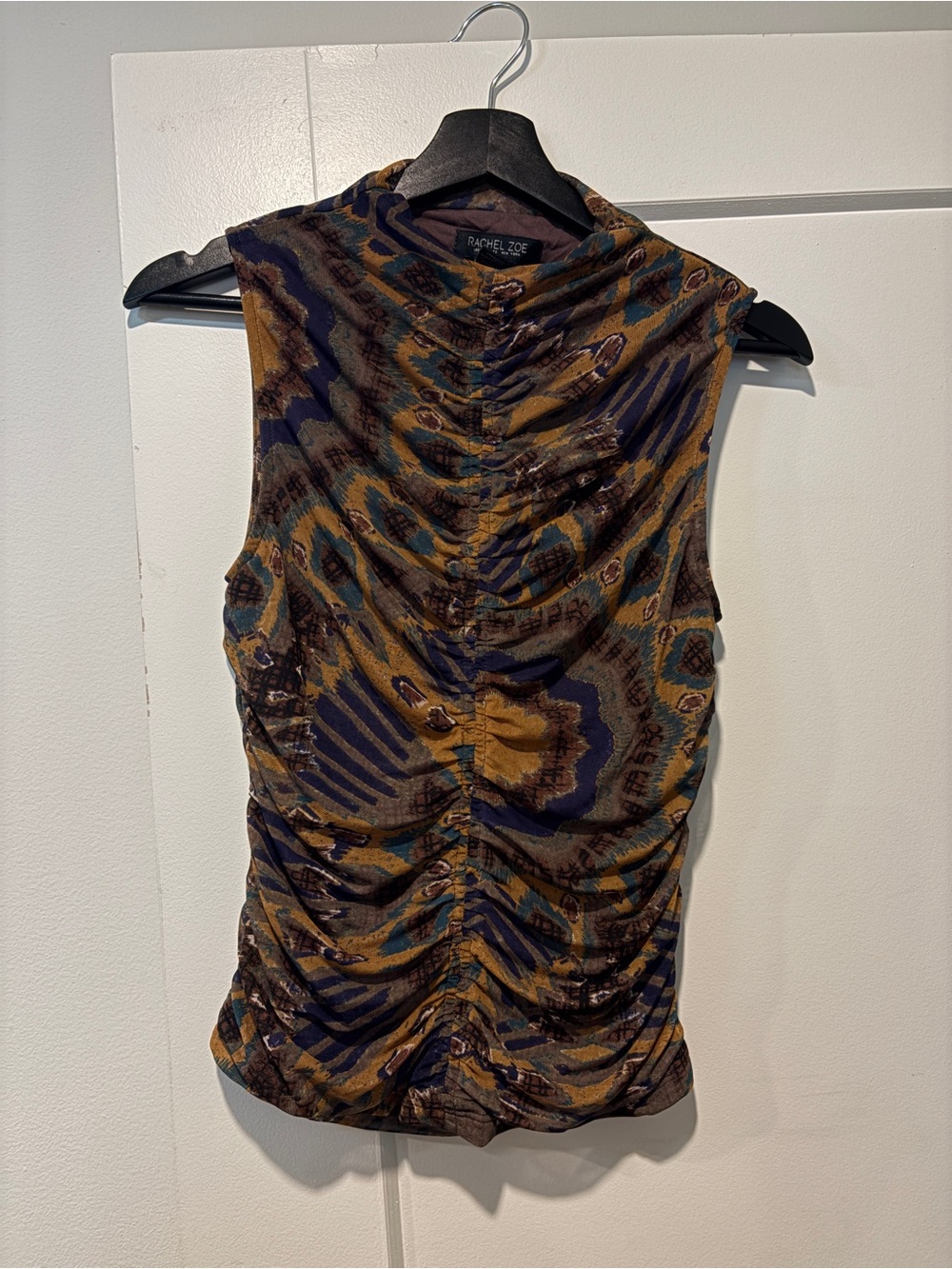 Rachel Zoe Sleeveless Ruched Mock-Neck Top in Navy, Mustard & Olive